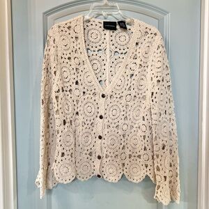 Liv Los Angeles Cotton Neutral Crochet Cardigan Sweater Size M - NWOT!
